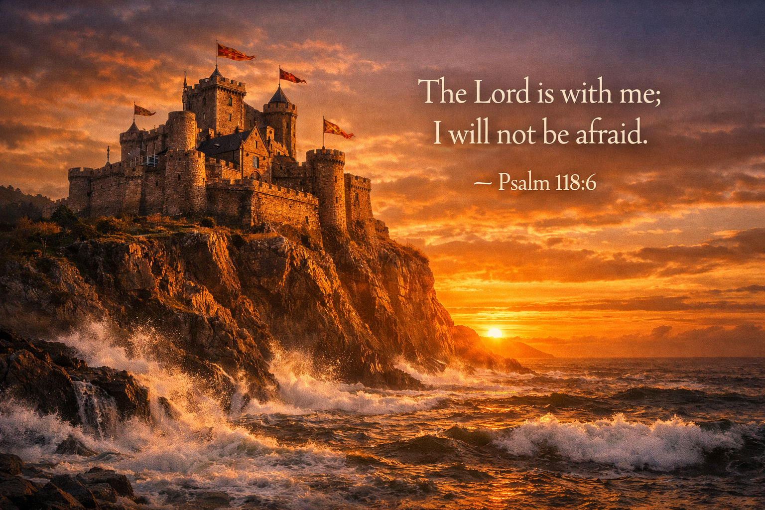 Psalm 118:6 Bible verse wallpaper - The Lord is with me - castle fortress on coastal cliff at sunset